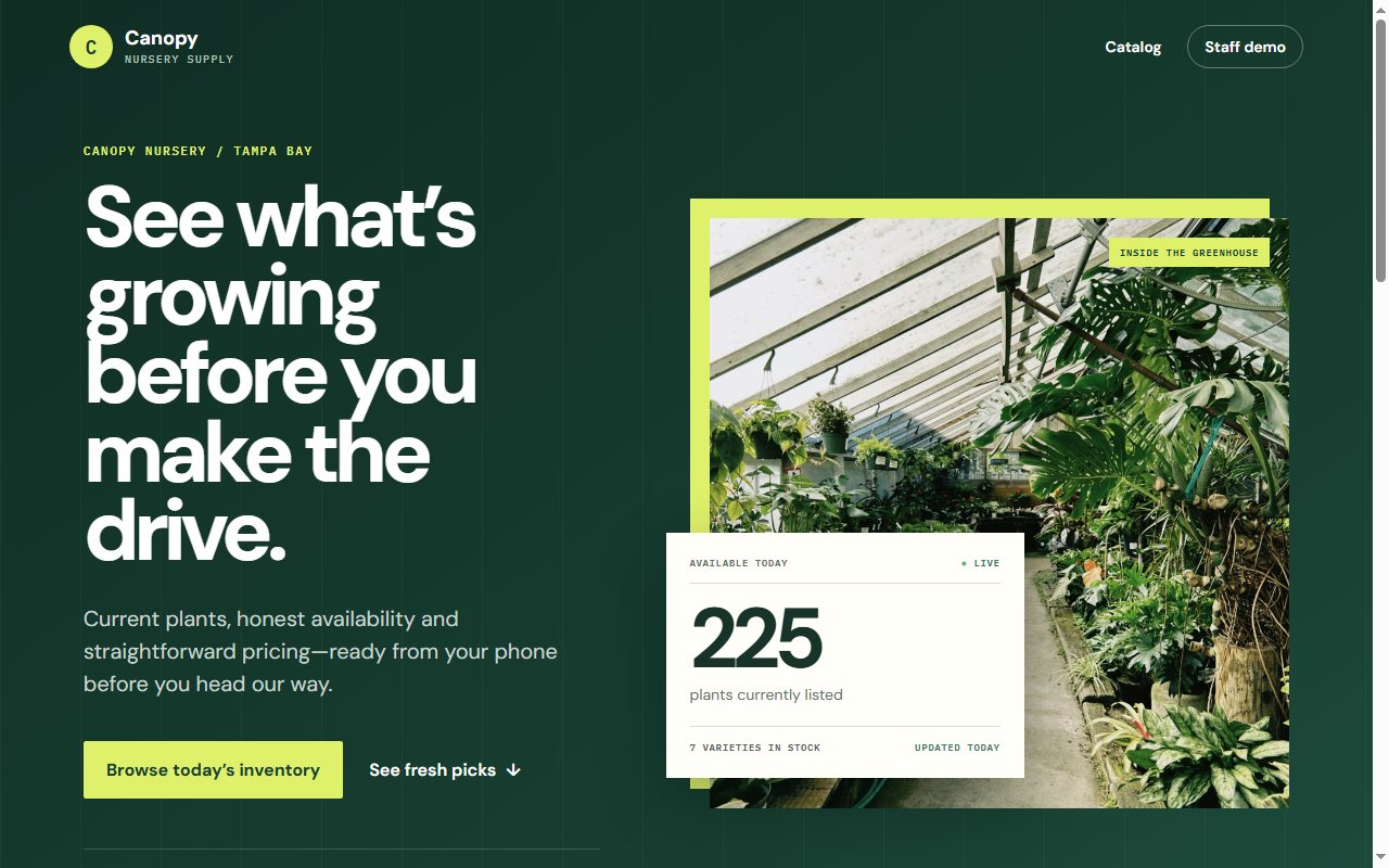 Canopy nursery website with a greenhouse photograph and a direct link to browse plant inventory.