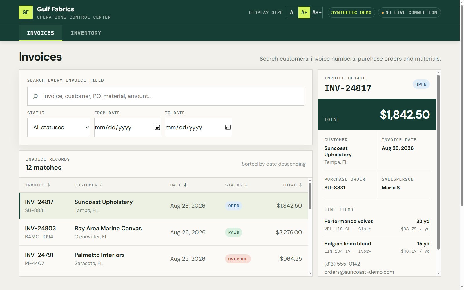 Gulf Fabrics invoice-search concept with customer and date filters, invoice records, and an invoice-detail panel.