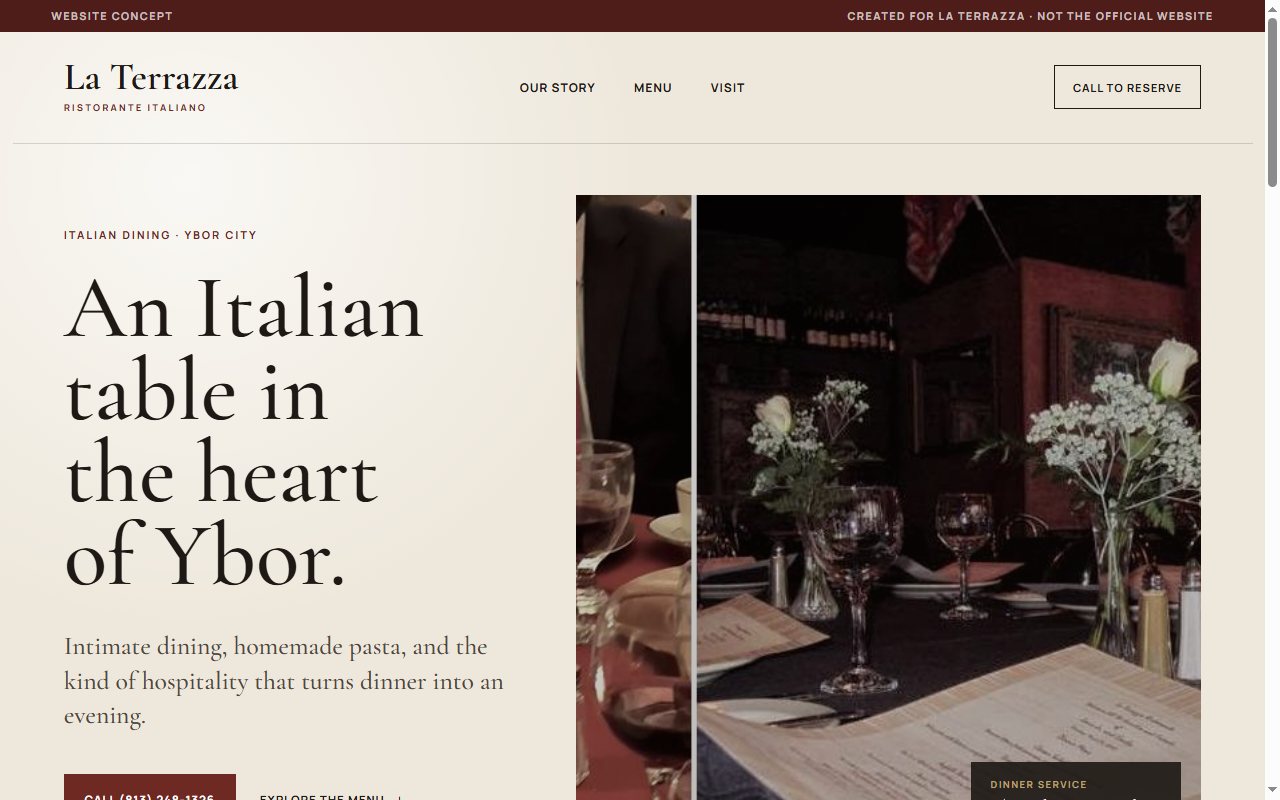 La Terrazza restaurant concept with warm cream typography, a dining-room photograph, and menu and reservation links.