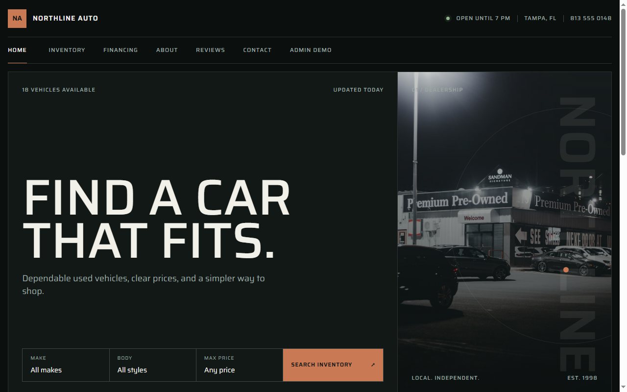 Northline Auto dealership website with a dark grid layout and vehicle search by make, body style, and price.