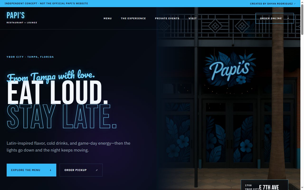 Papi’s restaurant and lounge concept with neon blue branding, a tropical entrance, and menu and ordering links.