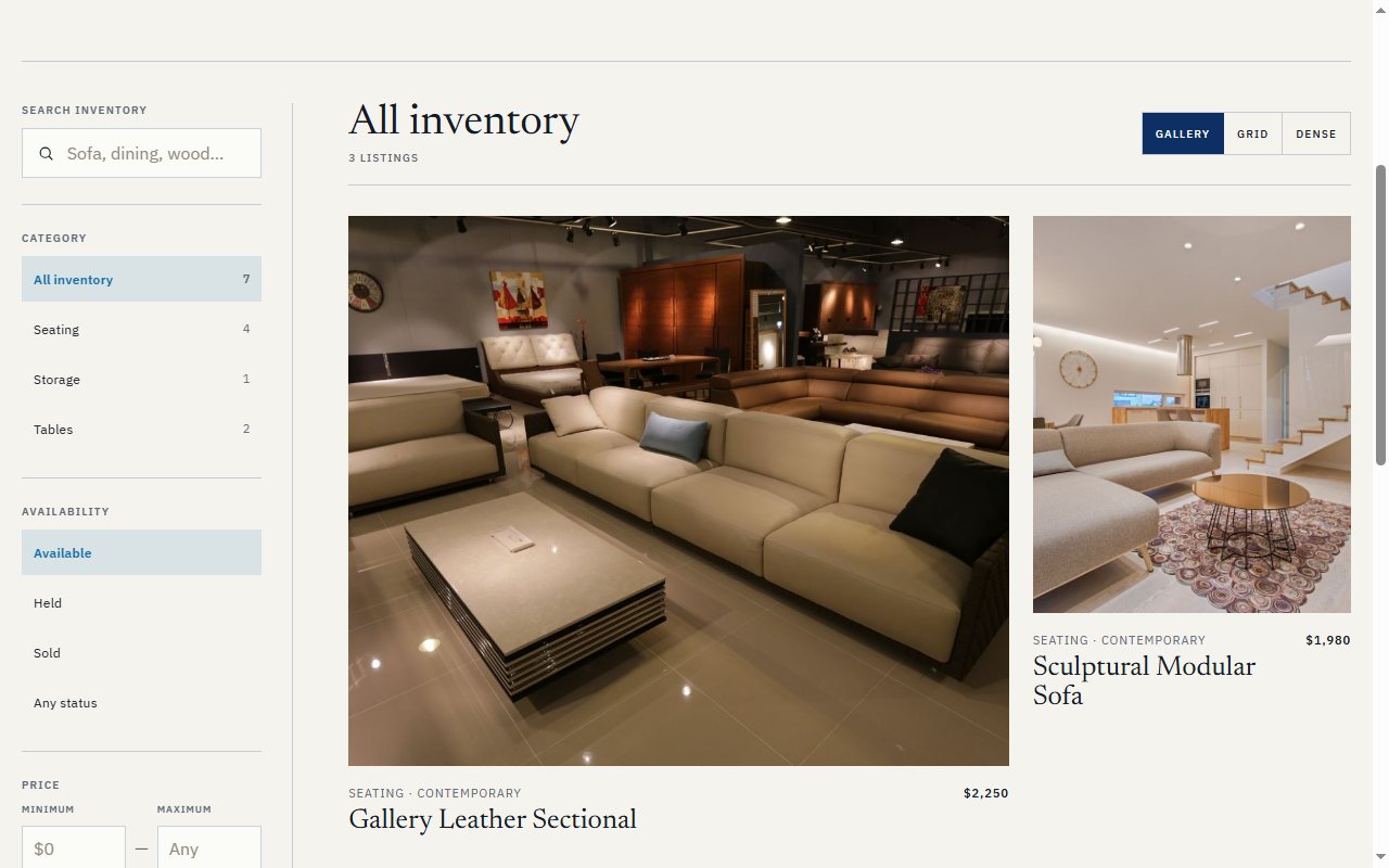 The Room Exchange furniture catalog with search, category filters, and large listing photos.