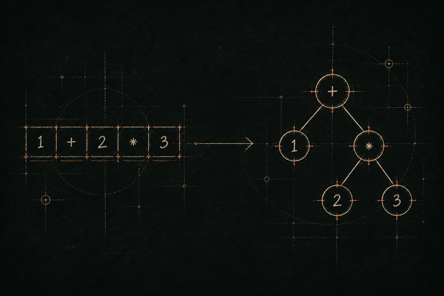 A chalkboard-style token sequence for one plus two times three transforming into an abstract syntax tree that preserves operator precedence.